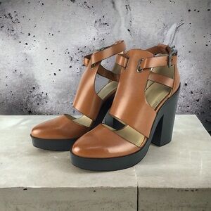 Zara Brown Leather Platform Cut Out Chunky Block Heel Shoes Size 40